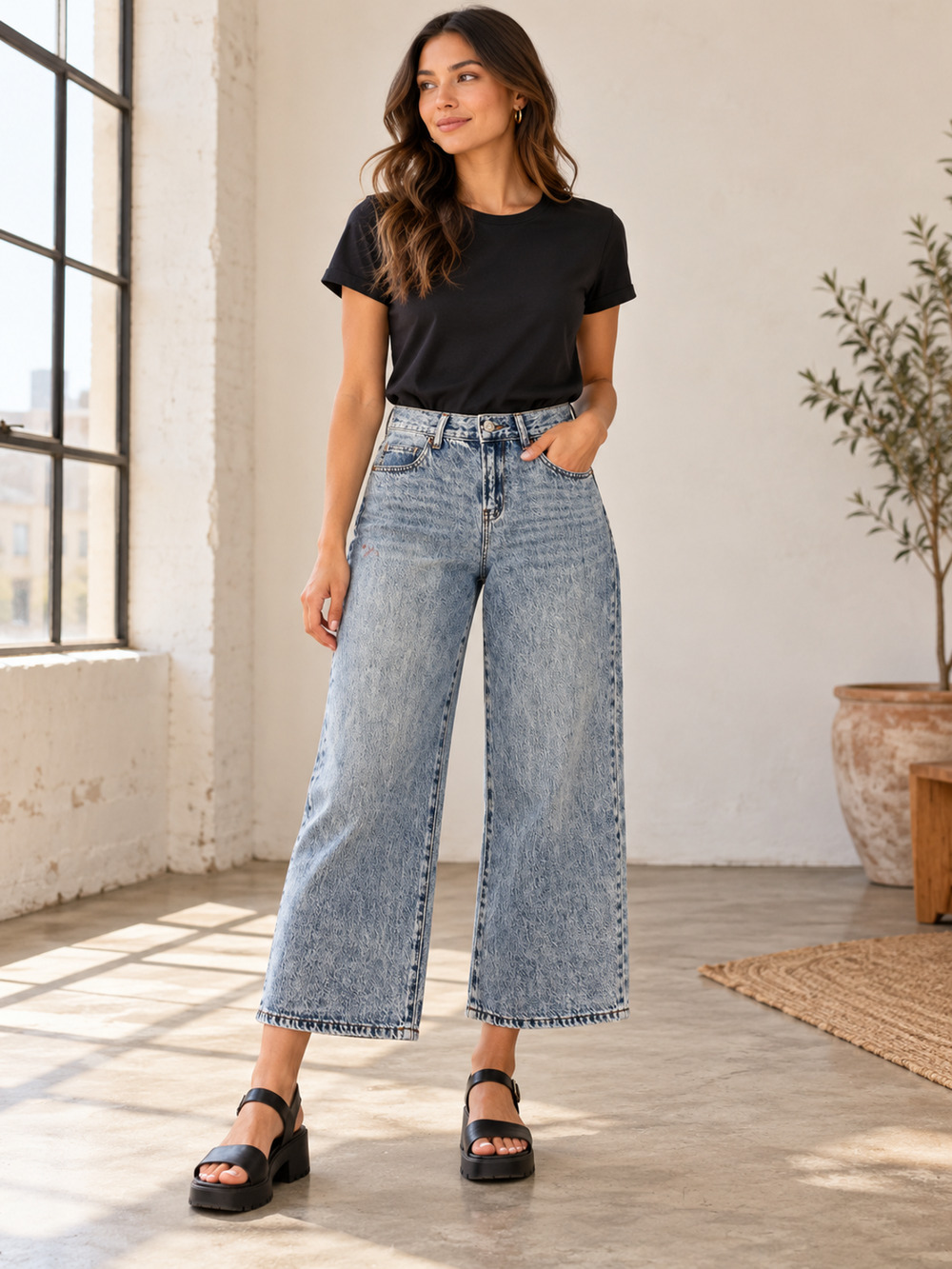 Rewash Wide Leg Cropped Jeans Women’s 3/26 Light Acid Wash